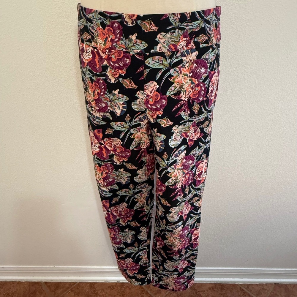Botanical Cottagecore Garden Floral Print Pull-On Knit Pants Women M Black Multi
